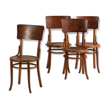 Set of 4 Viennese café chairs in curved wood with decorated backrest – Central Europe, circa 1900
