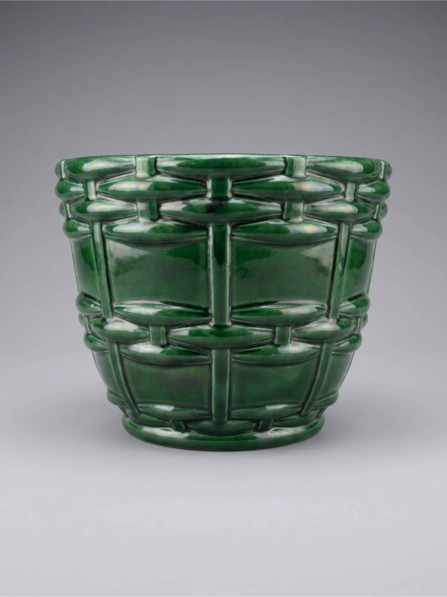 Cache-pot, Art Deco planter by Saint-Clément signed by Blanche Letalle in malachite green glazed ceramic.
