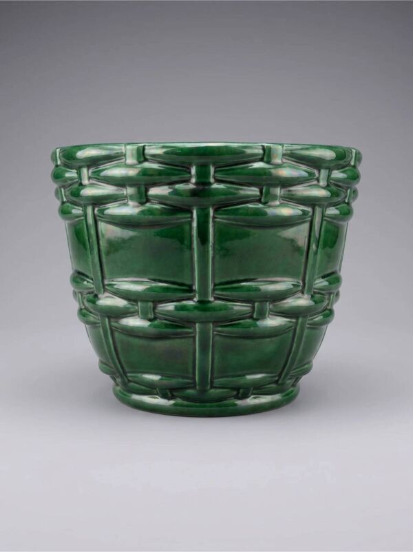 Cache-pot, jardinière Art Déco Saint-Clément signé Blanche Letalle en céramique émaillée vert malachite