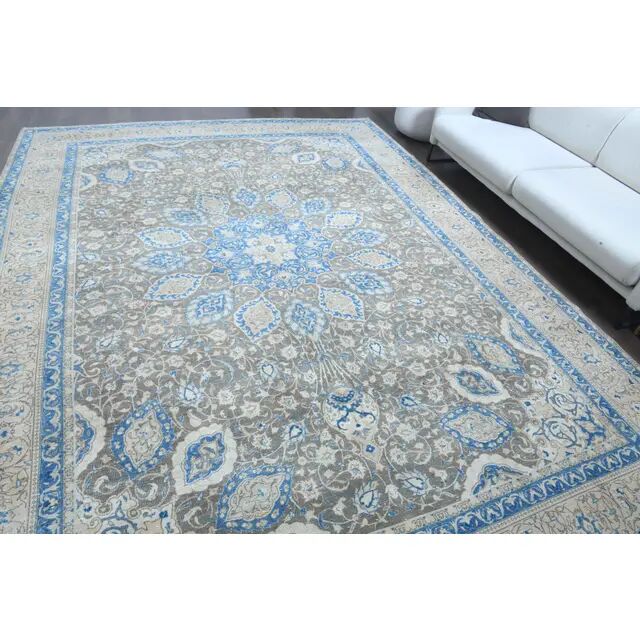 1970s Vintage Persian Handmade Wool Cotton Blue Area Rug 283x400