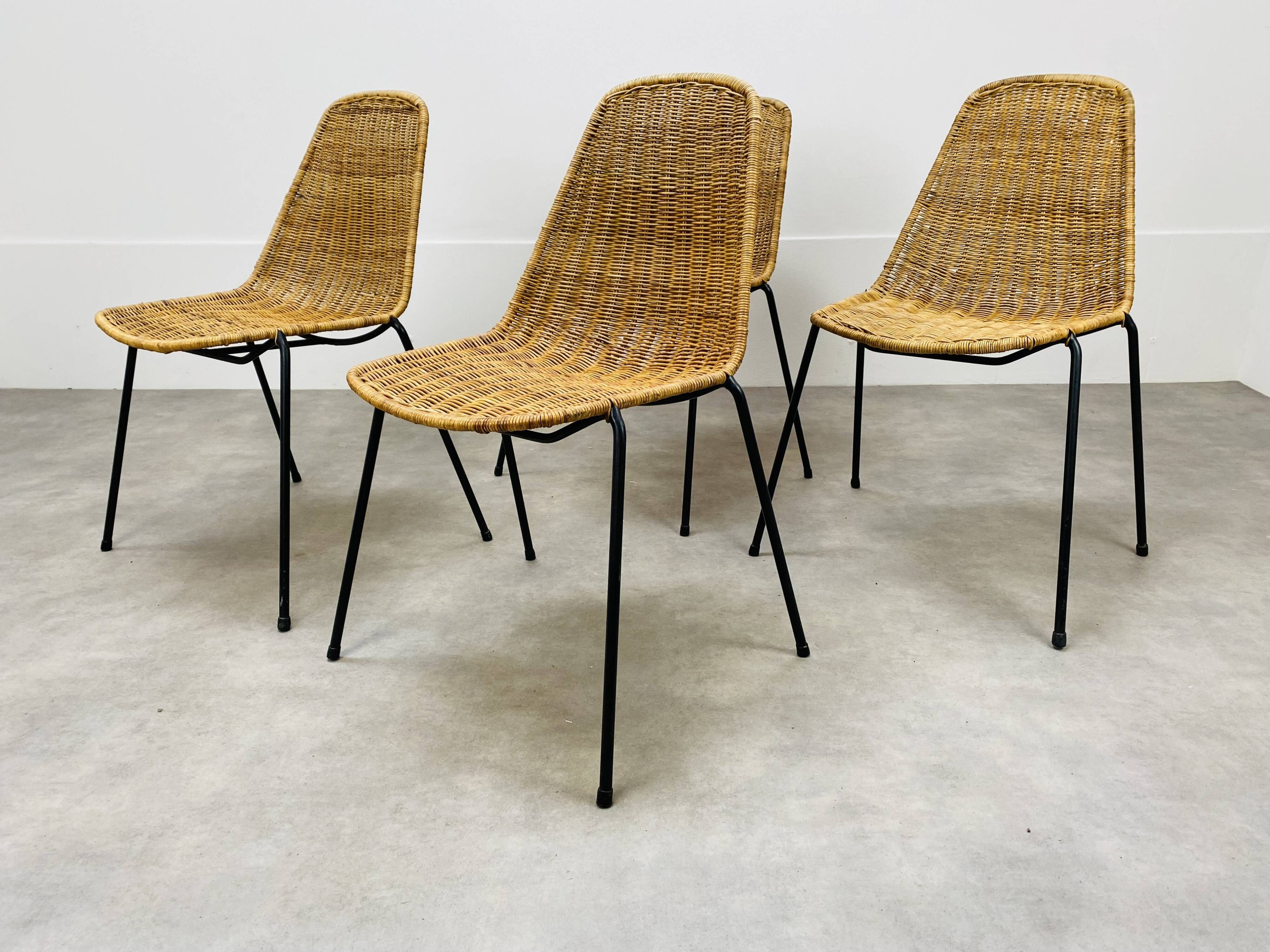 4 chairs Gianfranco Legler model Rattan basketball and metal 50s