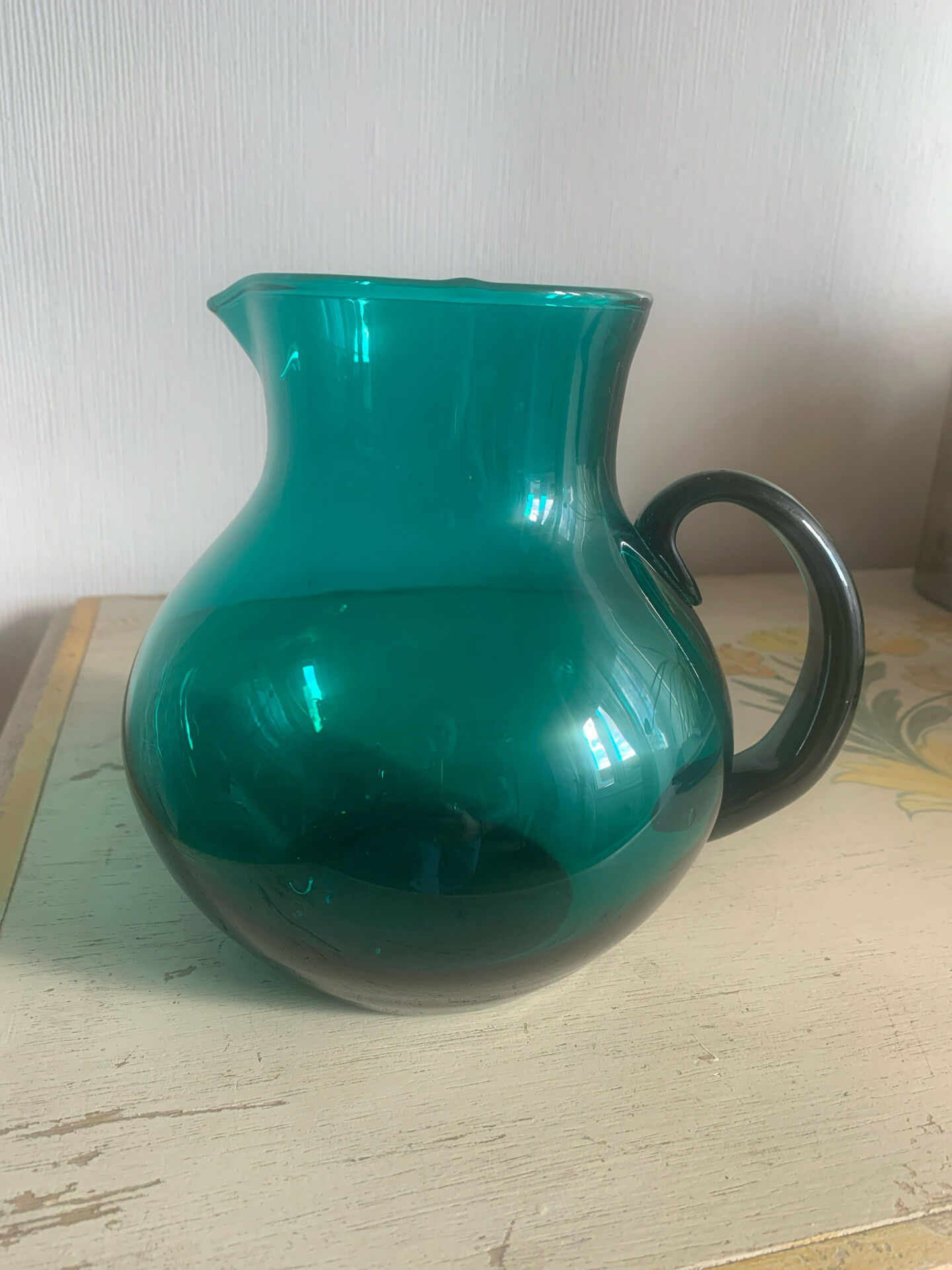 Large vintage emerald green blown glass pitcher/carafe, work