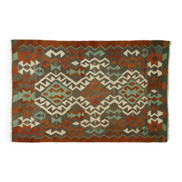 Turkish Vintage Geometric Kilim Green and Terracotta 232 x 155 cm