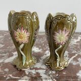 Barbotine vases, pair, Art Nouveau, DE BRUYN earthenware, signed, numbered