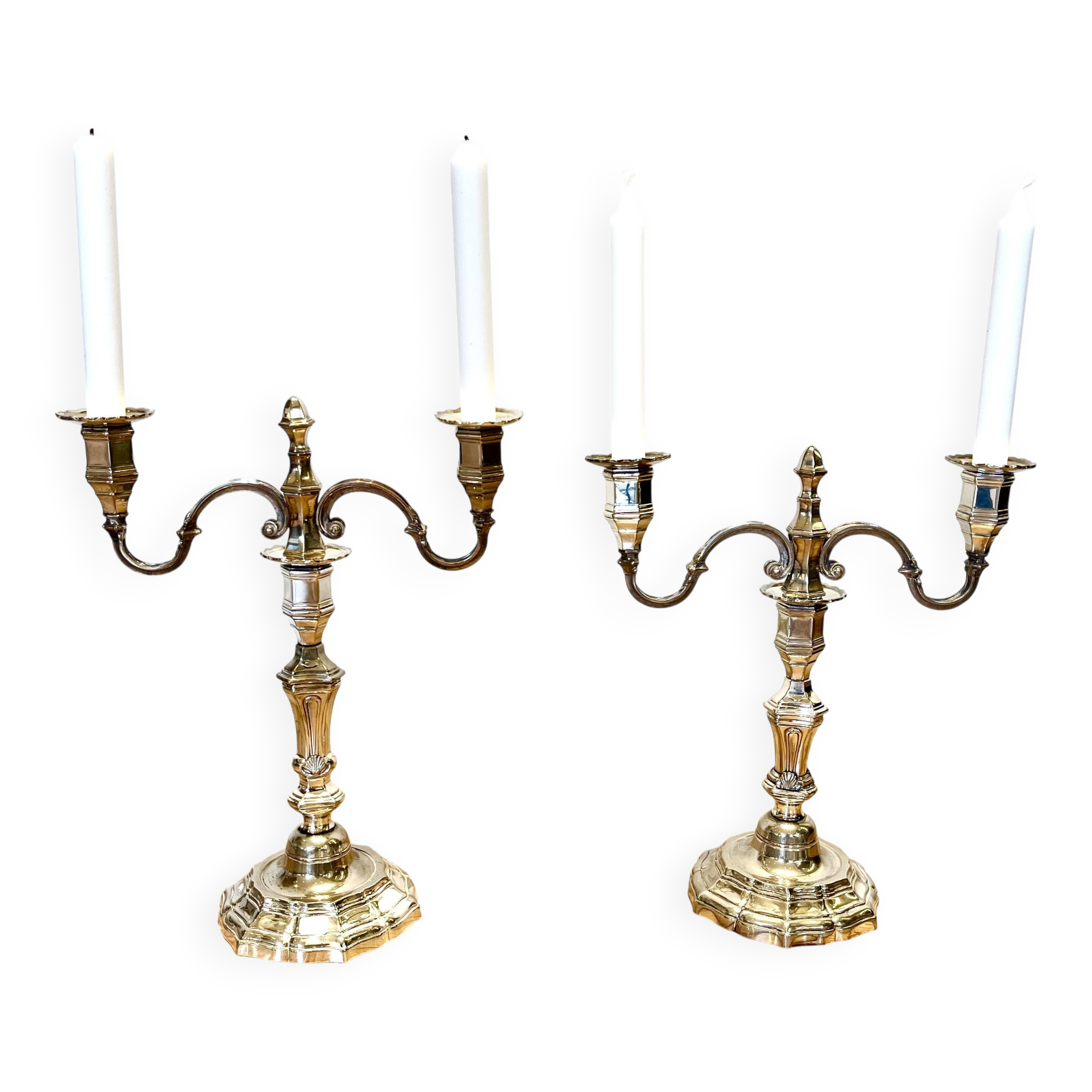 Pair of silver-plated metal candelabra in the Regency style