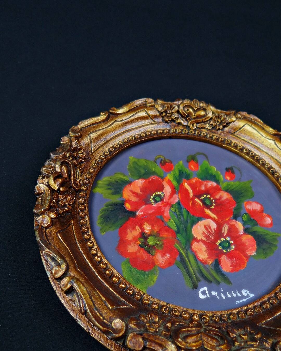 Still life in Tondo oil on panel of a bouquet of poppies signed