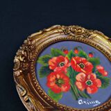 Still life in Tondo oil on panel of a bouquet of poppies signed