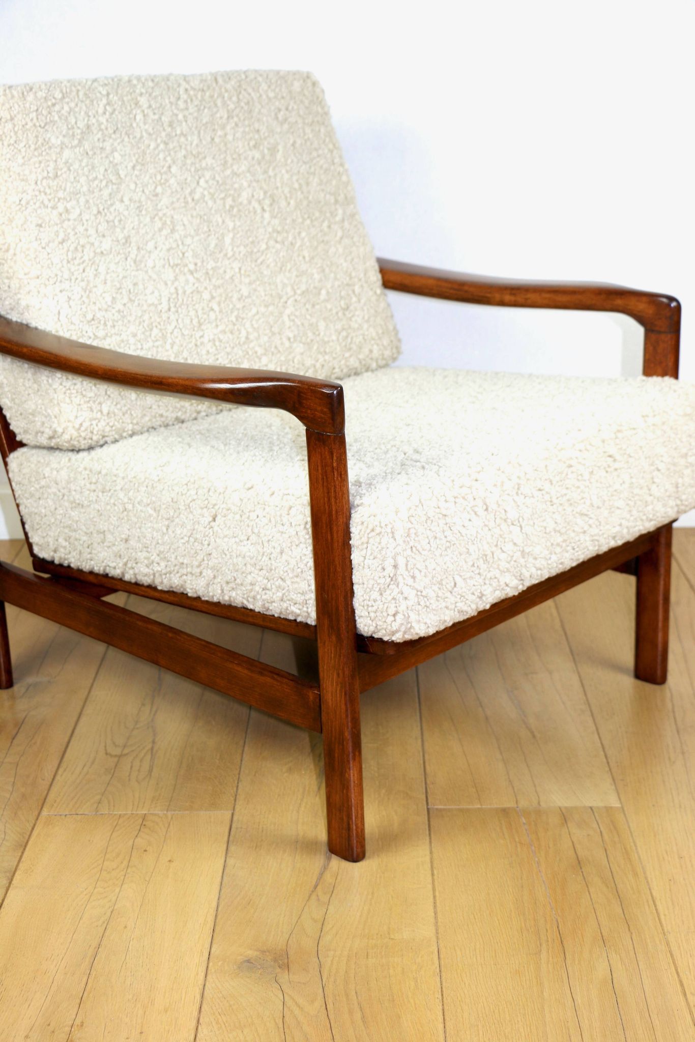 Wooden vintage brown armchair beige ivory long pile boucle design by Z. Bączyk - 2 pieces available