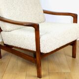 Wooden vintage brown armchair beige ivory long pile boucle design by Z. Bączyk - 2 pieces available