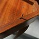 Musical coffee table of triangular shape, fruit wood, tray and feet with marquetry décor