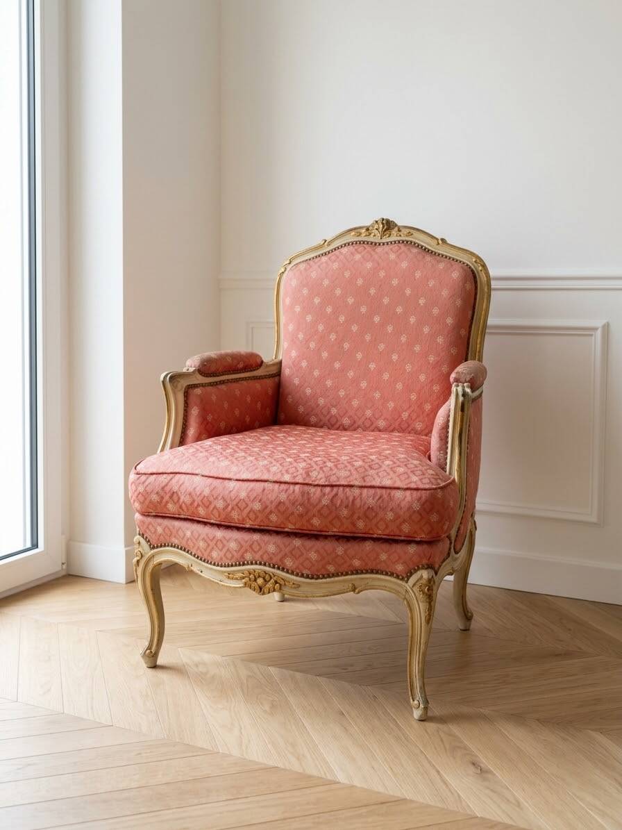 Pair of Louis XV cabriolet armchairs in wood and pink fabric.