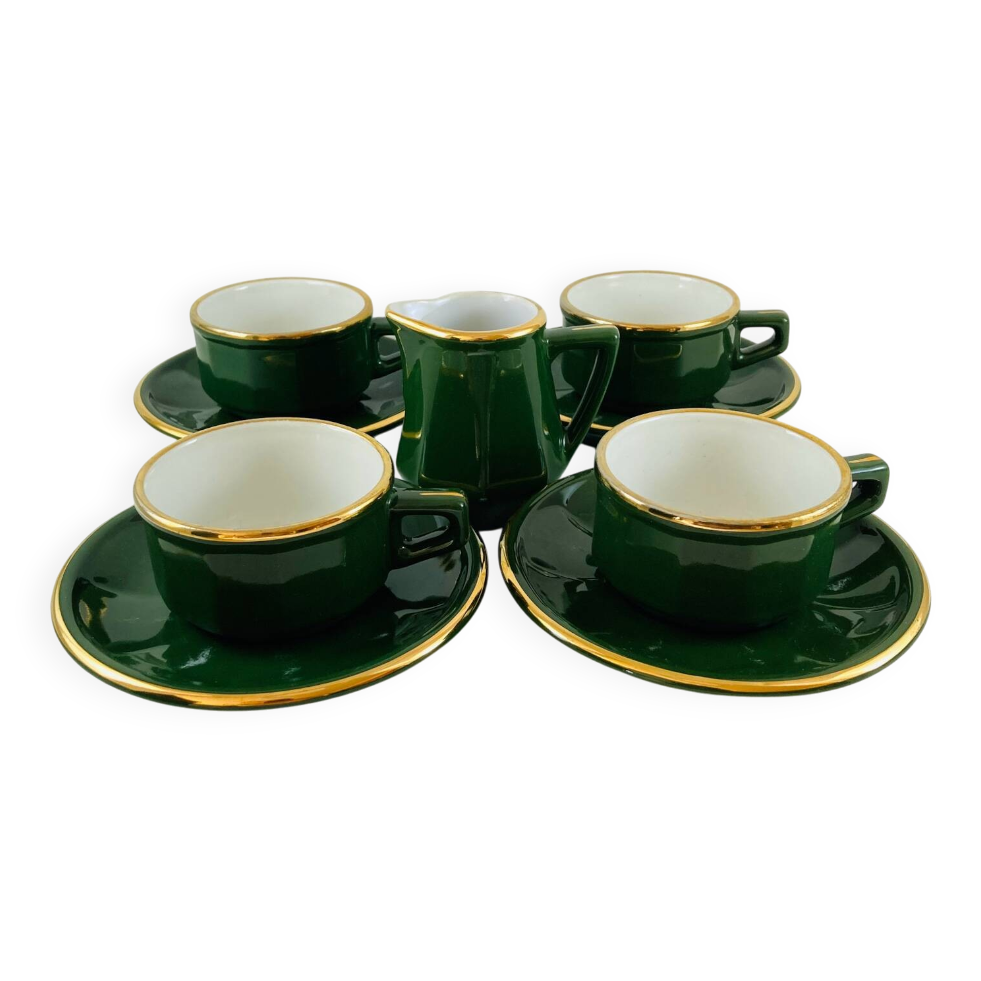 Bistro Coffee Service Cups Saucers and Green Faceted Milk Jug