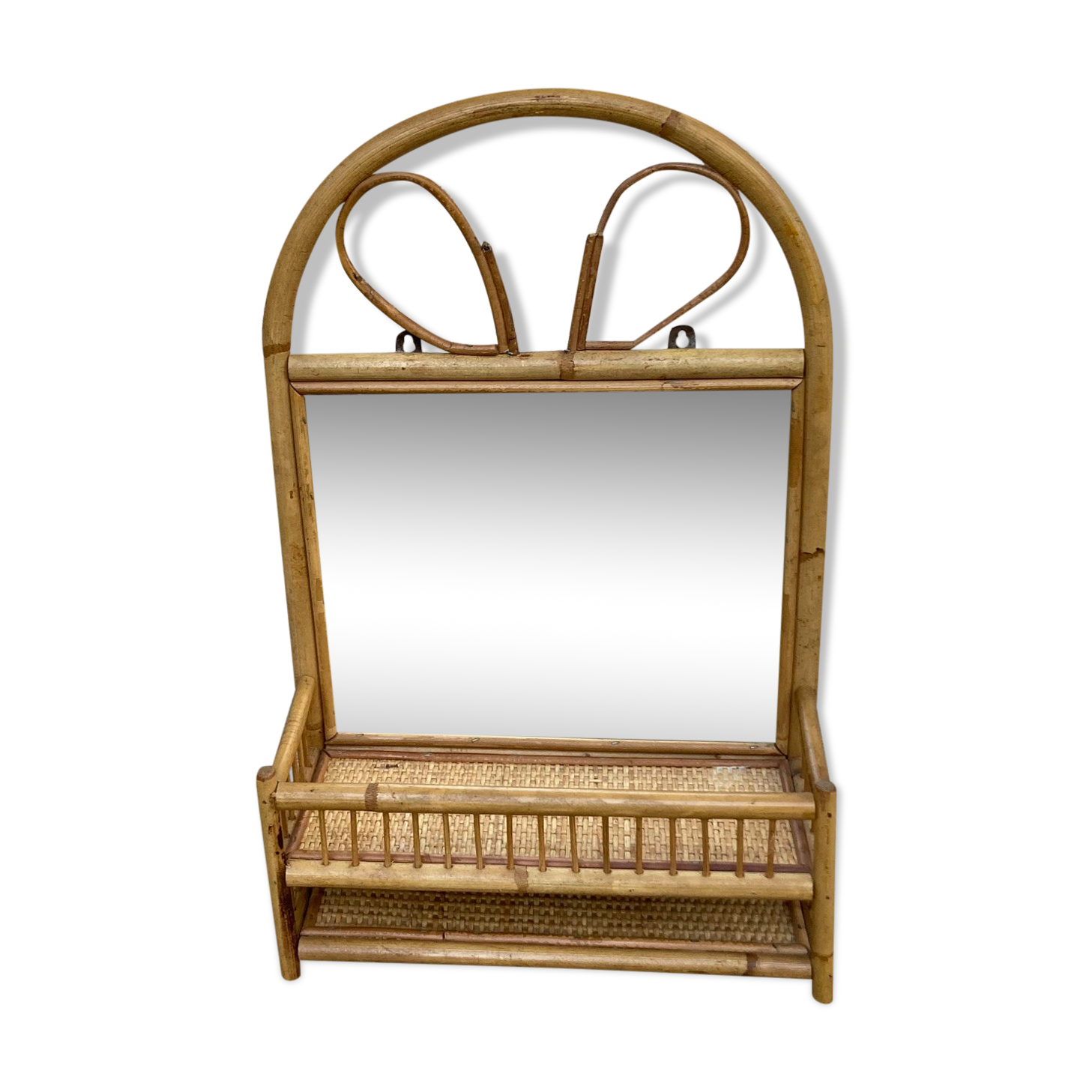 Vintage rattan wall shelf with mirror