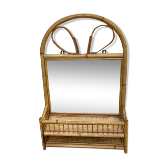 Vintage rattan wall shelf with mirror