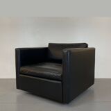 Pair of Black Leather Cube Club-Chairs by Charles Pfister for Knoll, 1980s