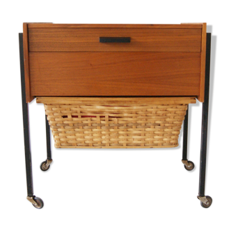 Mid Century sewing trolley in teak, metal and rattan, sewing box on wheels, side table