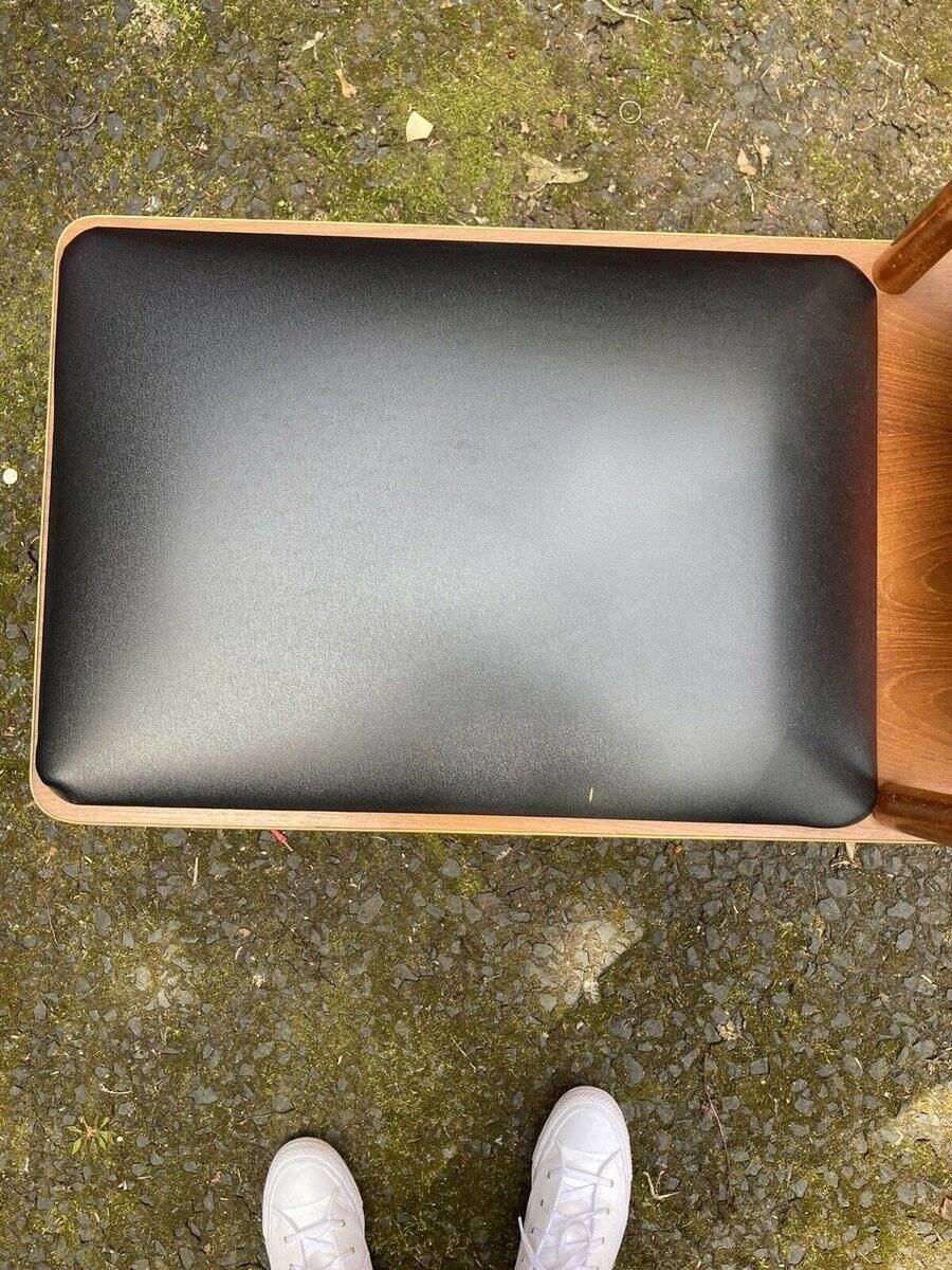 Vintage teak bench with black vinyl seat, 1960s, Czech Republic.