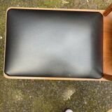 Vintage teak bench with black vinyl seat, 1960s, Czech Republic.