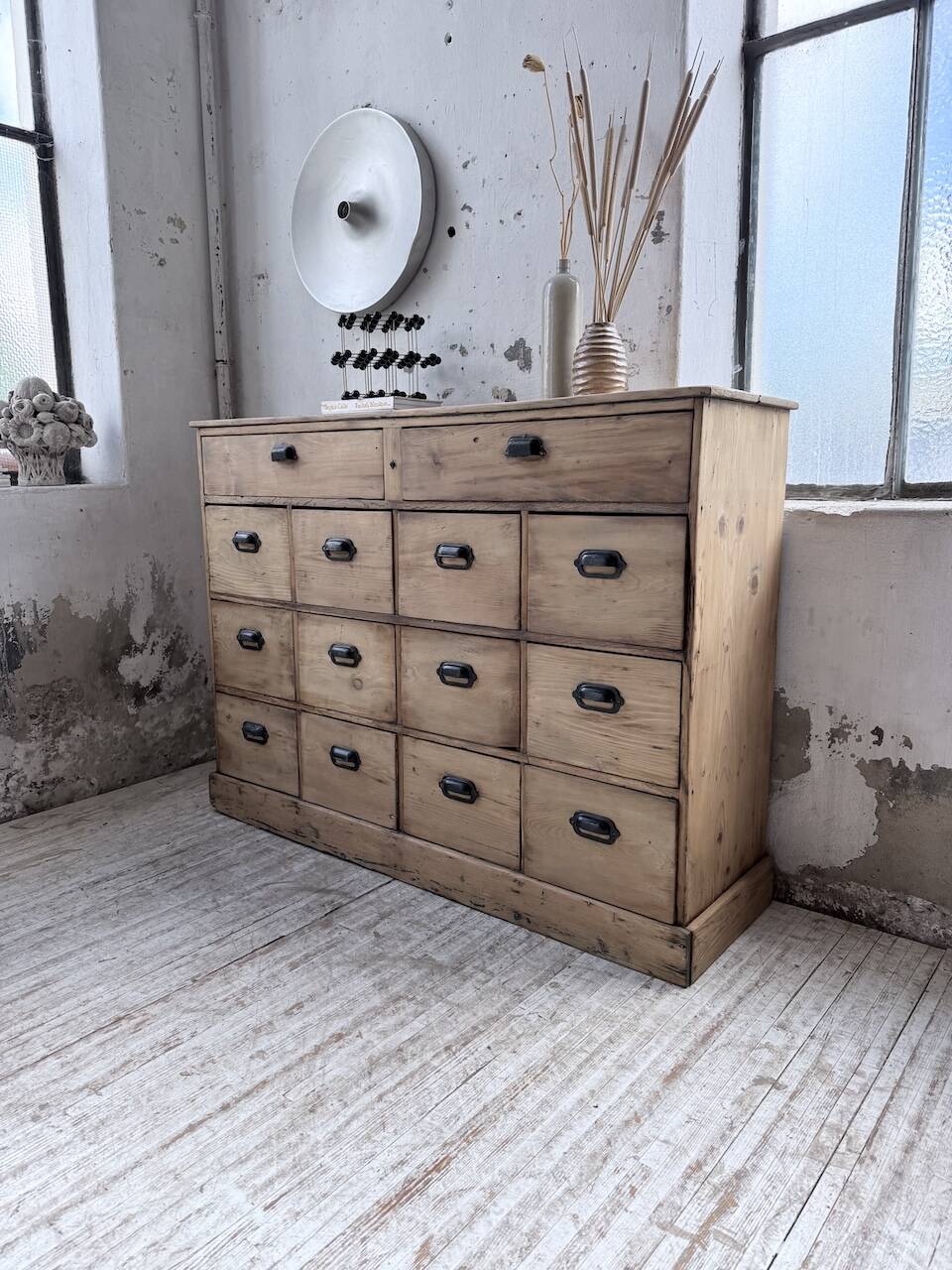 1950s pine workshop cabinet with drawers
