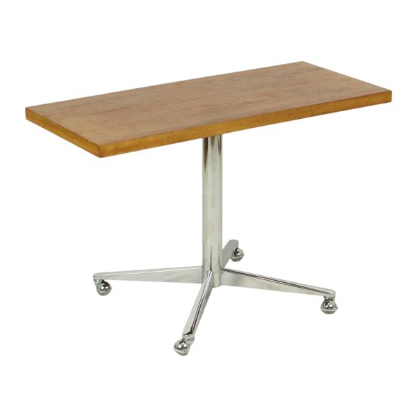 Table basse vintage avec plateau en bois et roulettes chromées, 90 cm