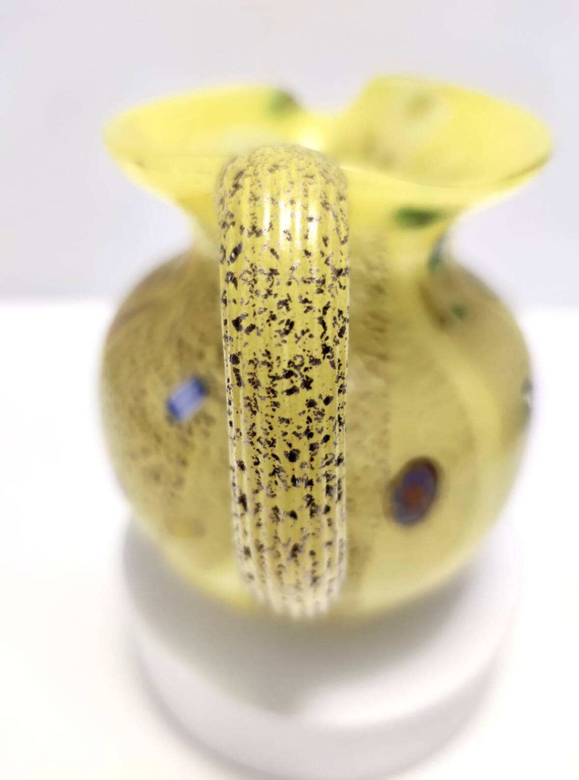 Postmodern Yellow Opaline Hand Blown Glass Jug with Murrines and Silver Flakes