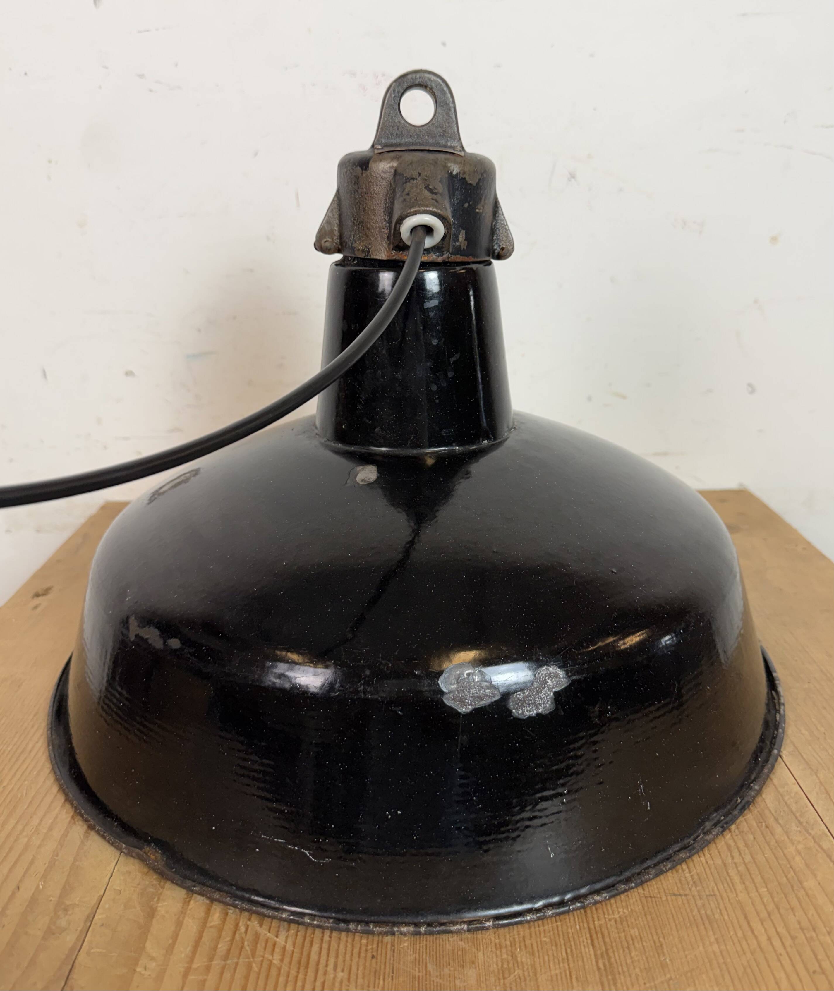 Industrial Black Enamel Factory Lamp with Cast Iron Top, 1950s