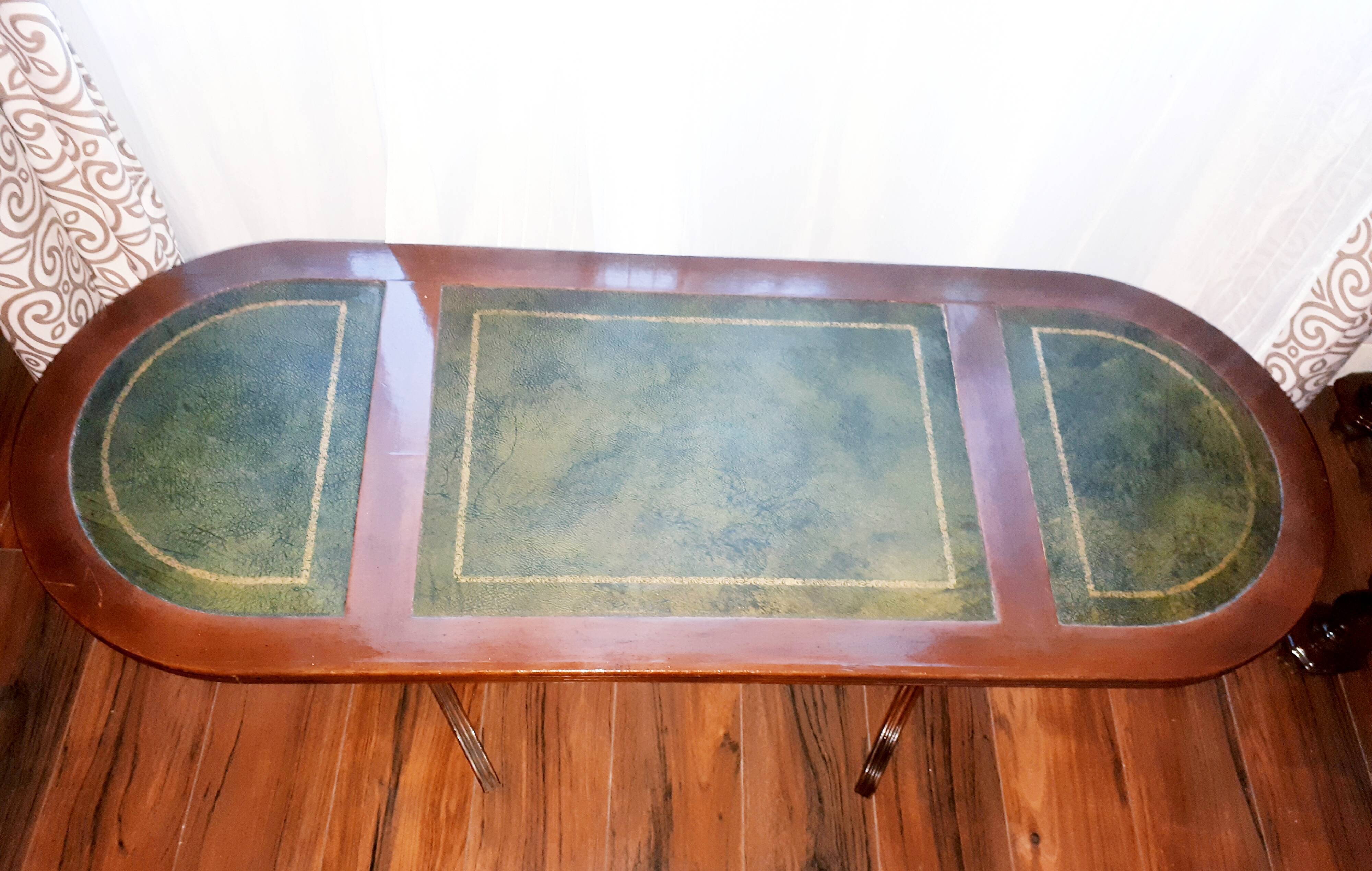 English coffee table, green leather
