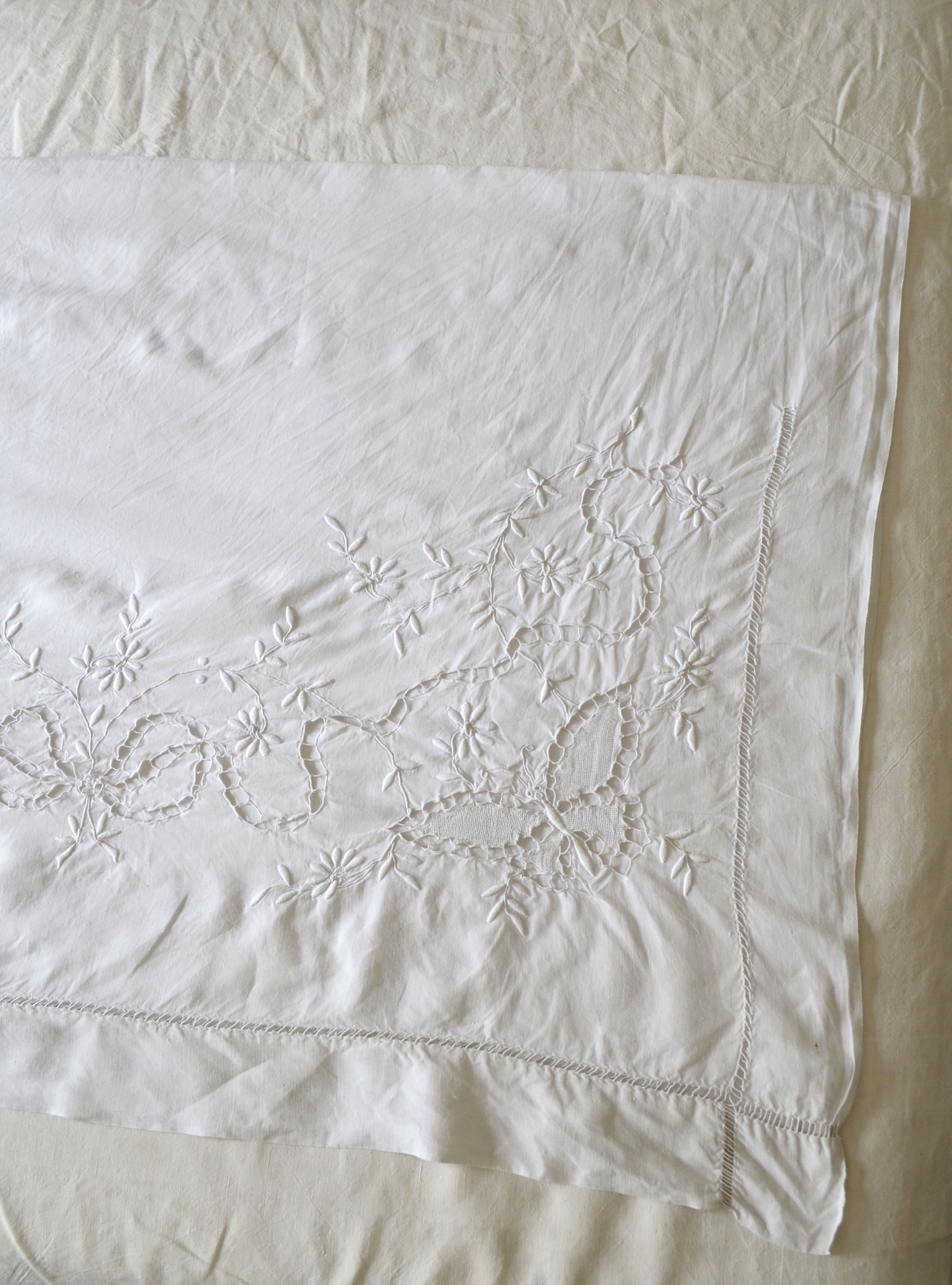 Antique linen sheet embroidery and monogram