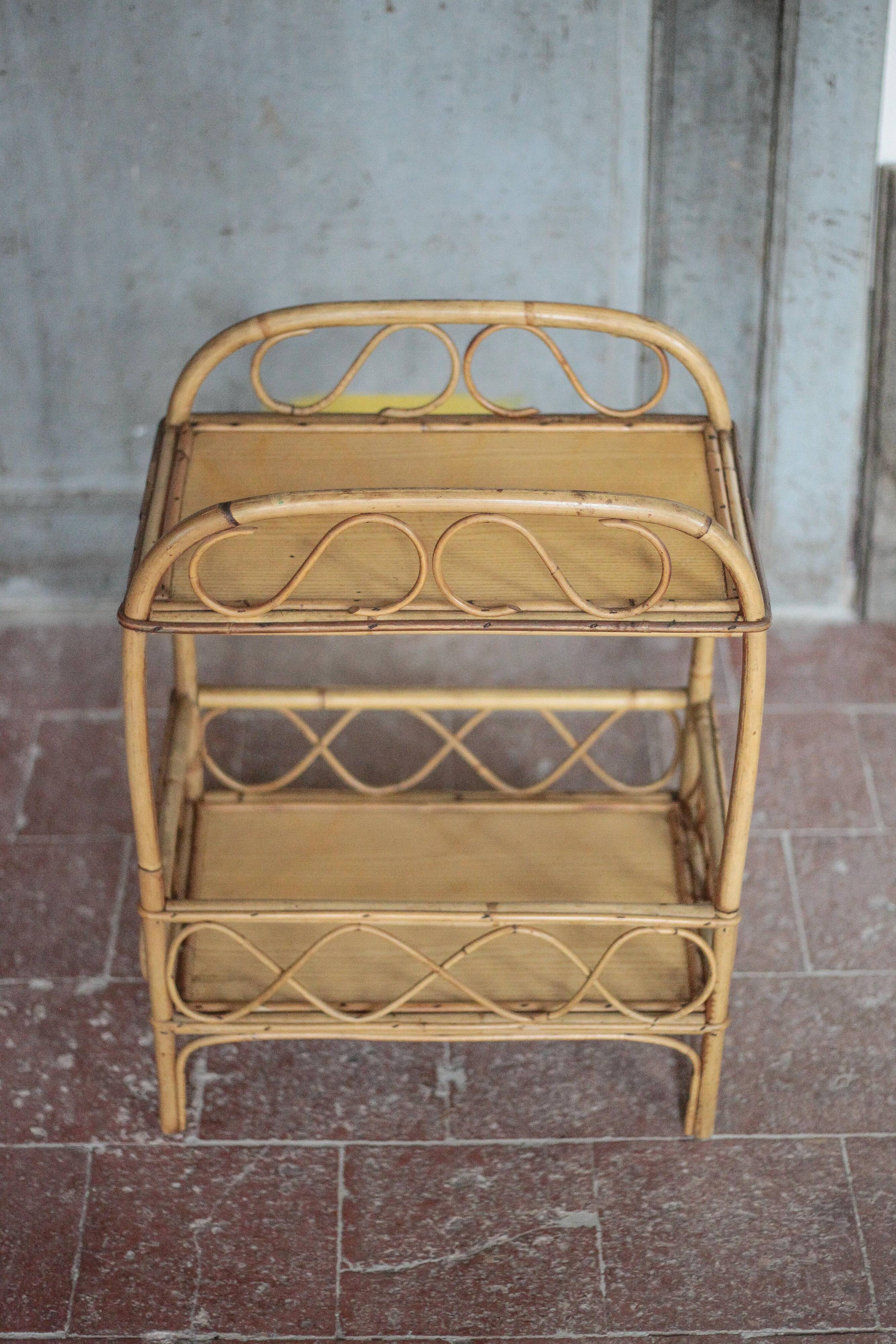 Vintage rattan serving table, two-tier side table.