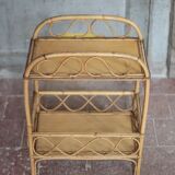 Vintage rattan serving table, two-tier side table.
