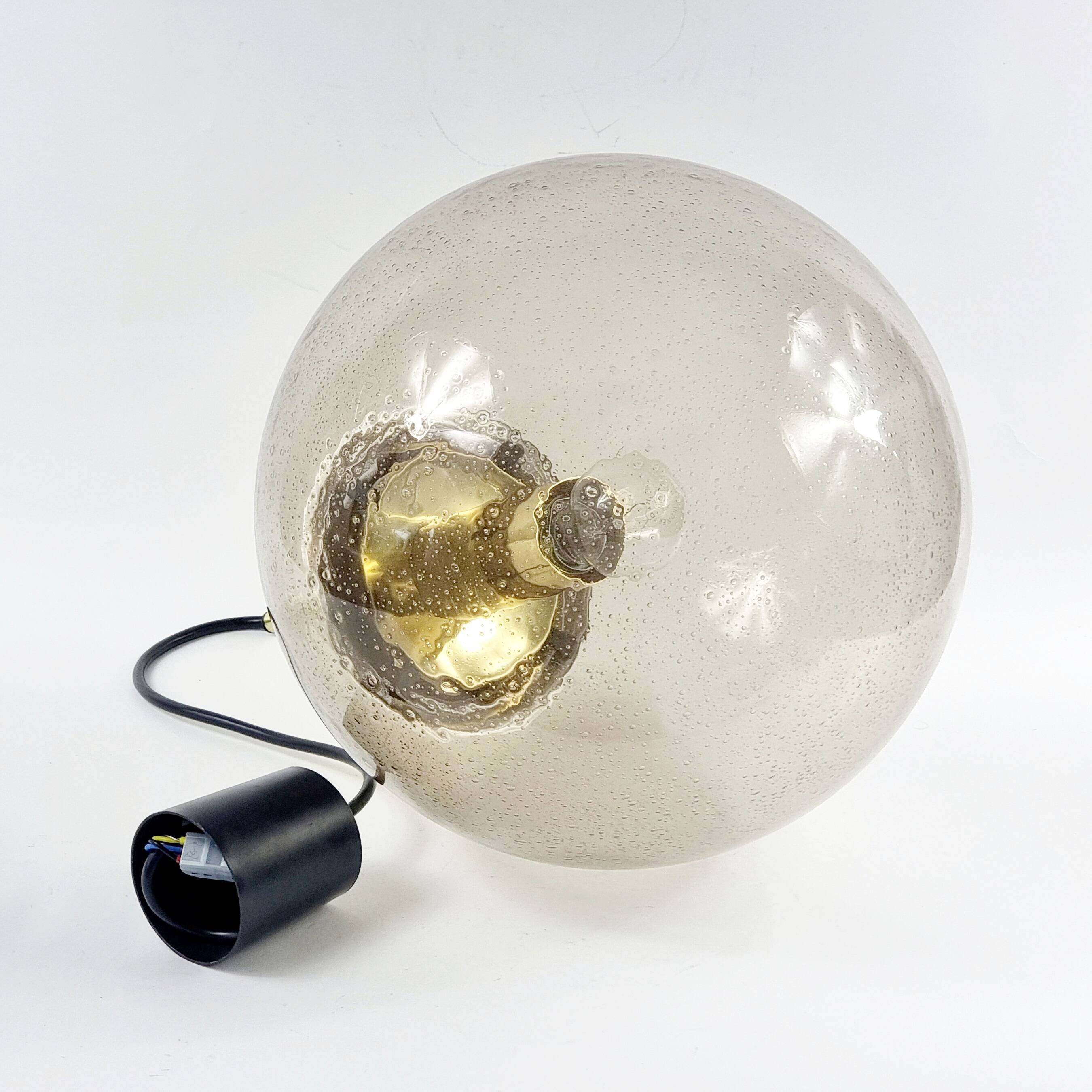 Large Mid-Century Smoked Air-Bubbled Glass Ball Pendant/Ceiling Light From Limburg, Germany, 1970s