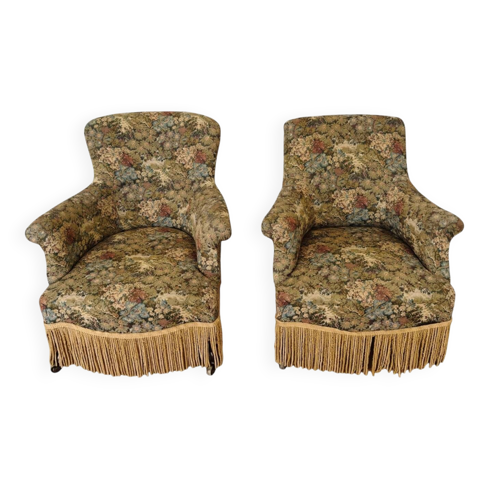 Pair of crapaud armchairs, antique floral upholstery, Napoléon III period.