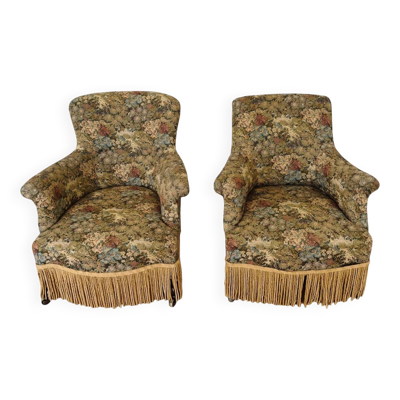 Paire de fauteuils crapaud, tapisserie fleurie ancienne, époque Napoléon III