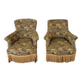 Paire de fauteuils crapaud, tapisserie fleurie ancienne, époque Napoléon III