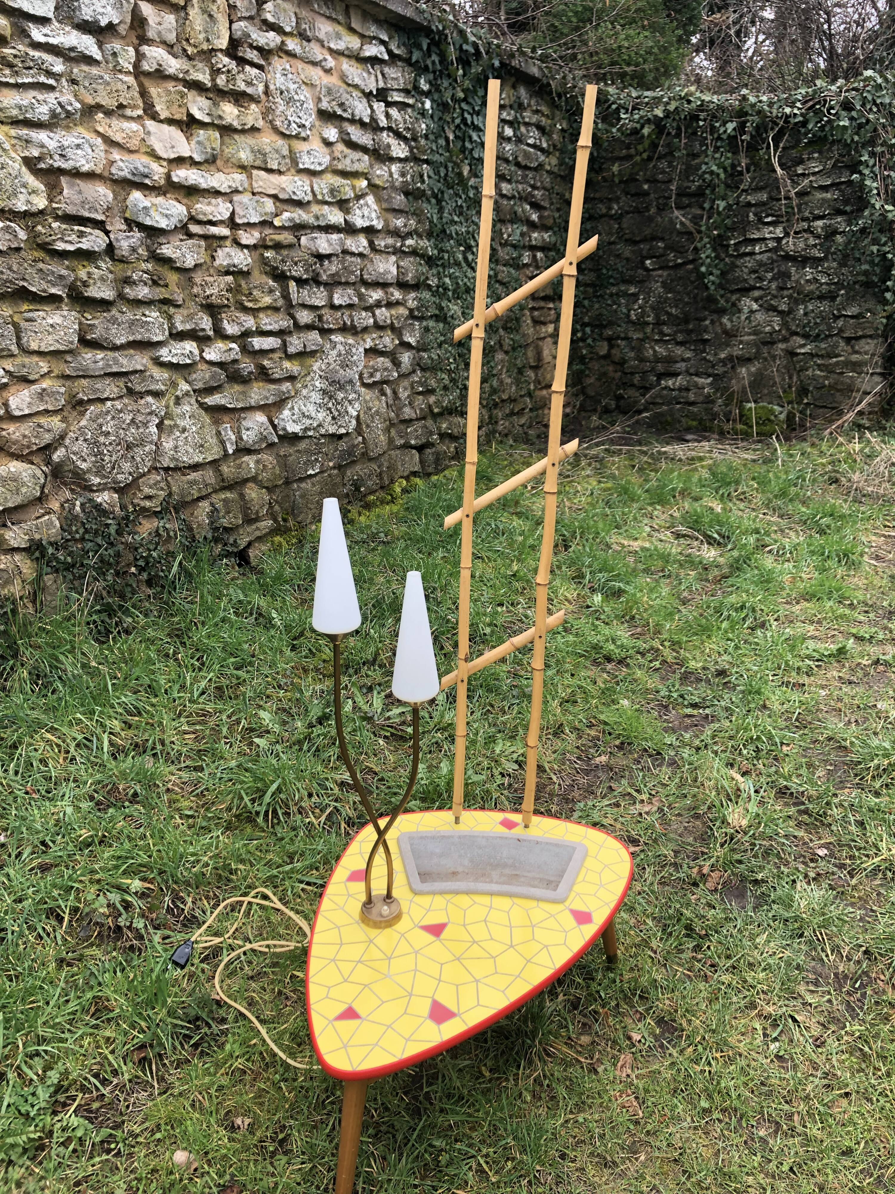 Ceramic mosaic coffee table with planter and light fixture 2 arms 60s