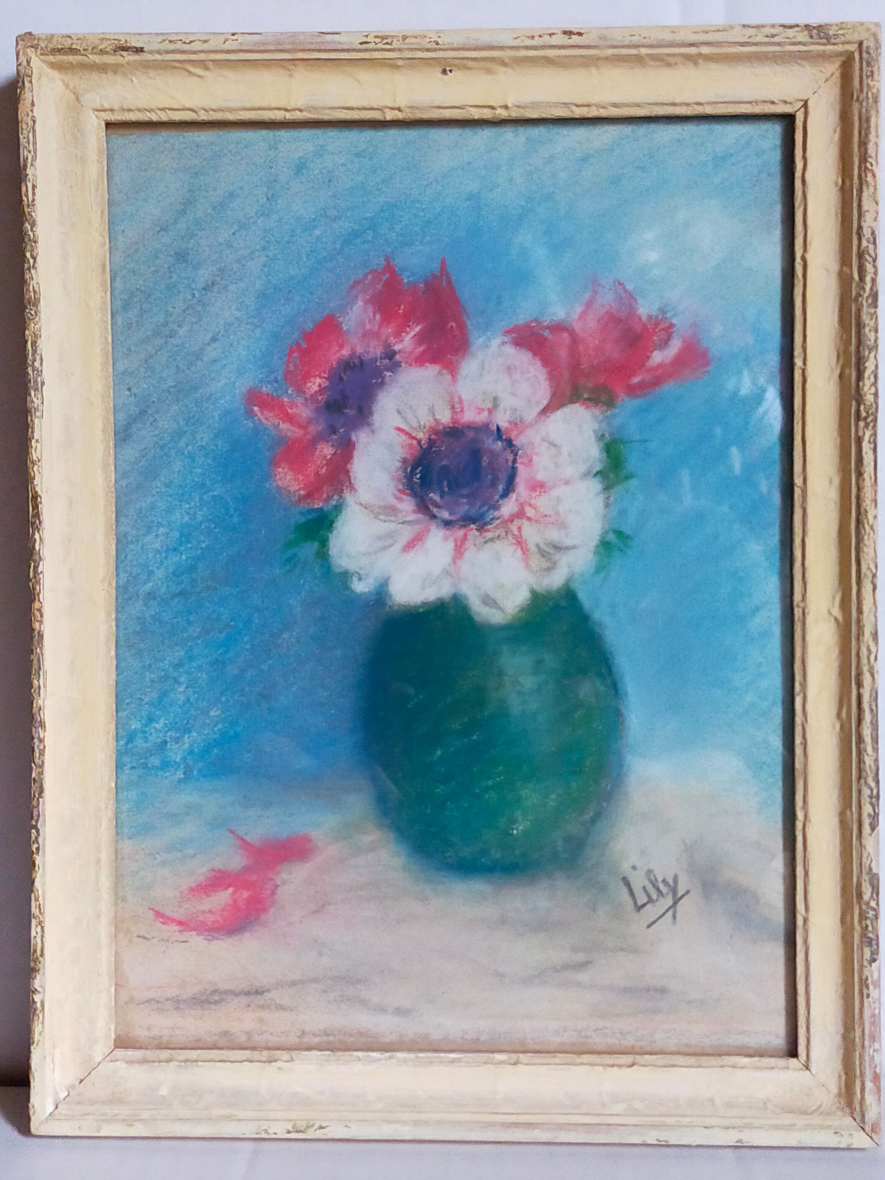 Pastel encadré "Les anémones" vintage