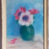 Pastel encadré "Les anémones" vintage