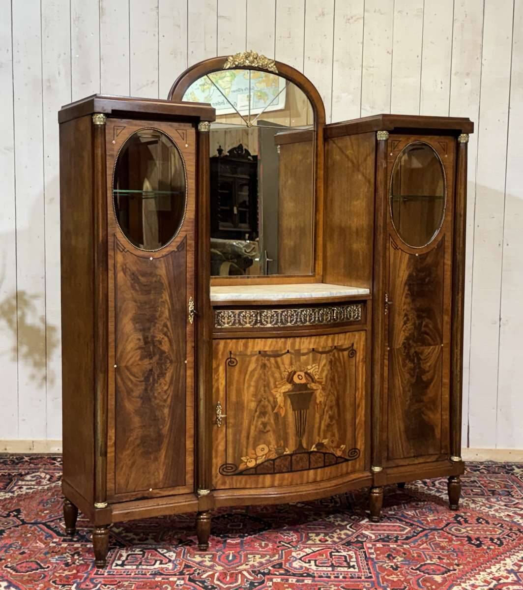 Art Deco buffet in mahogany, oak, and marble top.
