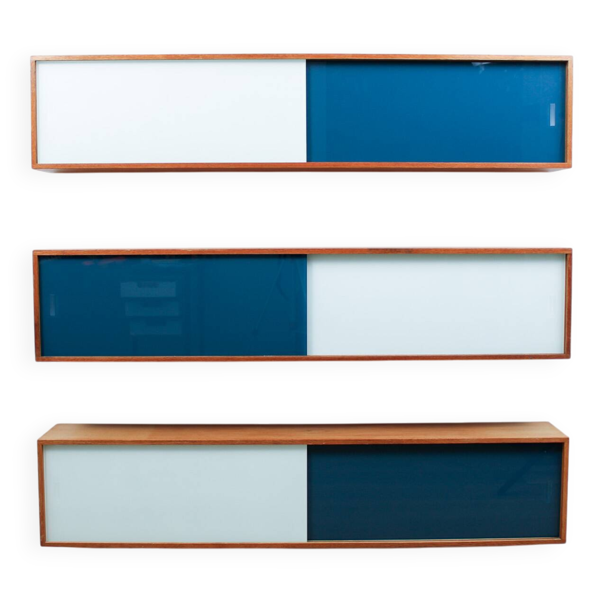Vintage mid-century wall hung oak cabinets, blue & white sliding glass door