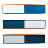 Vintage mid-century wall hung oak cabinets, blue & white sliding glass door