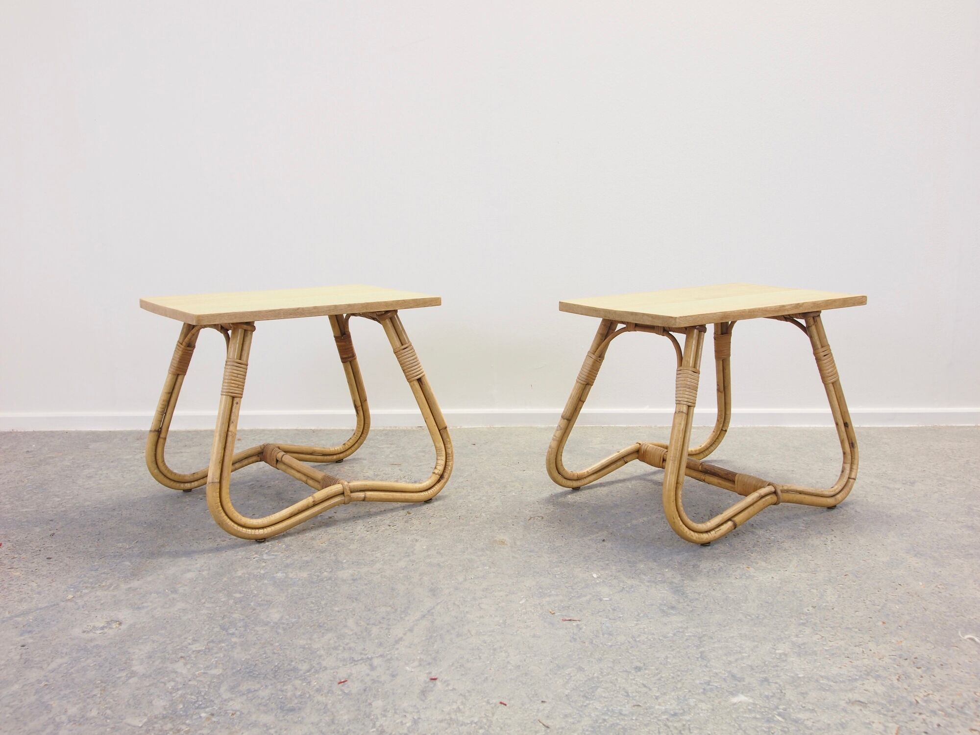 Mid century vintage rattan Dutch pair of side tables bedside tables