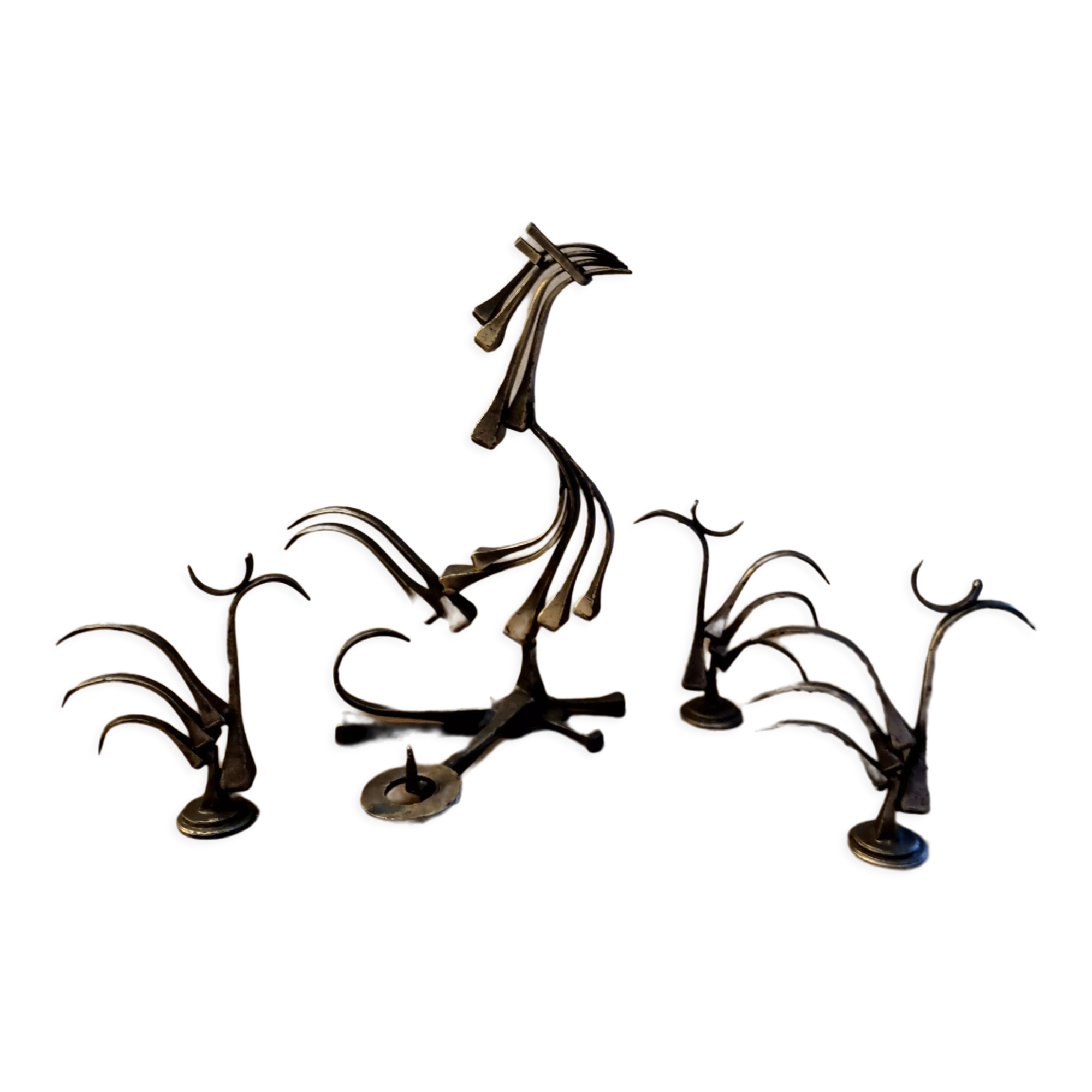 Lot brutalist rooster candlestick and 3 decorative