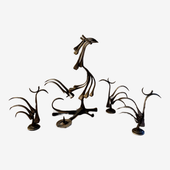 Lot brutalist rooster candlestick and 3 decorative