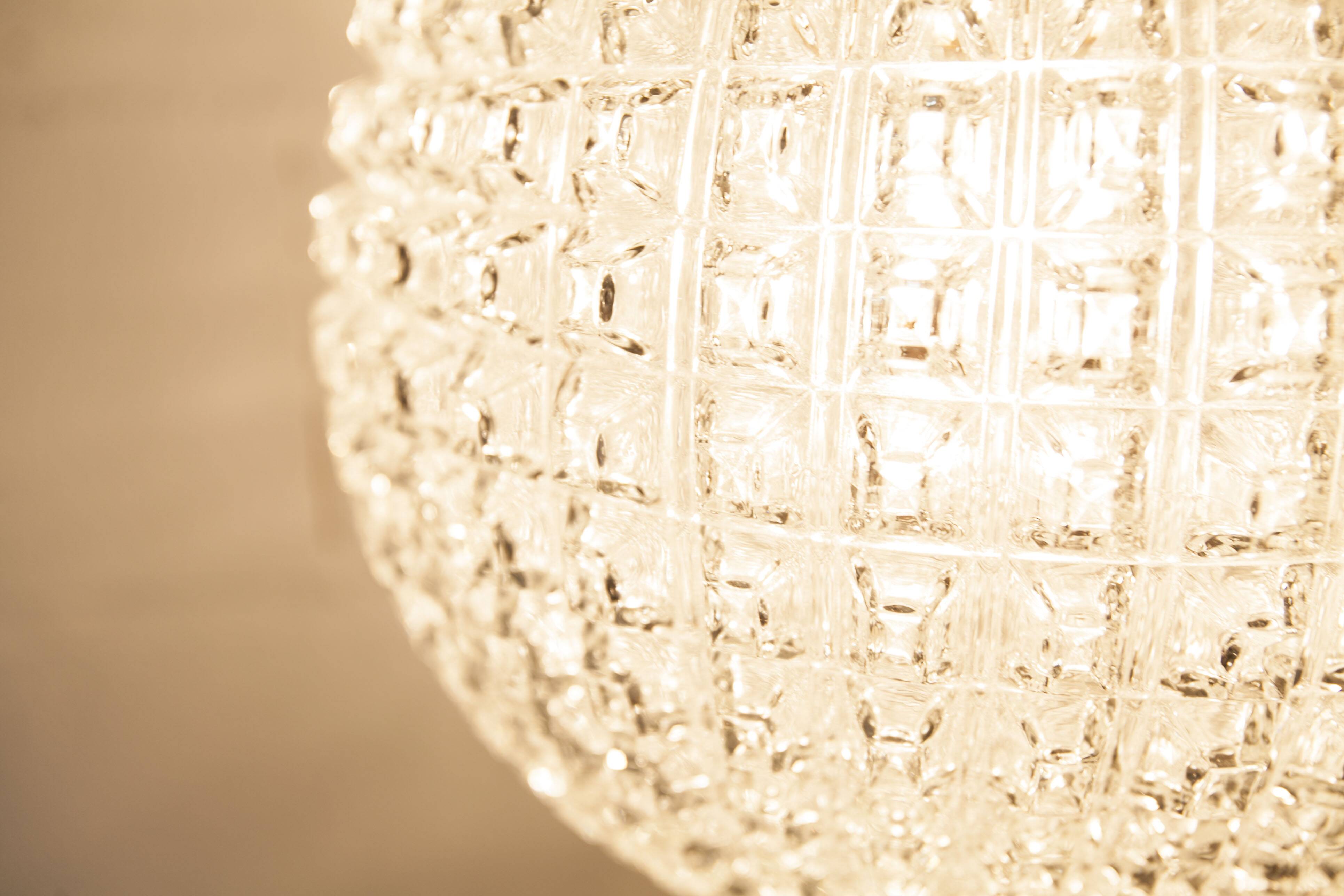 1960s Holophane Ball Pendant Chandelier, Thick Glass, 30 cm, and Vintage Brass