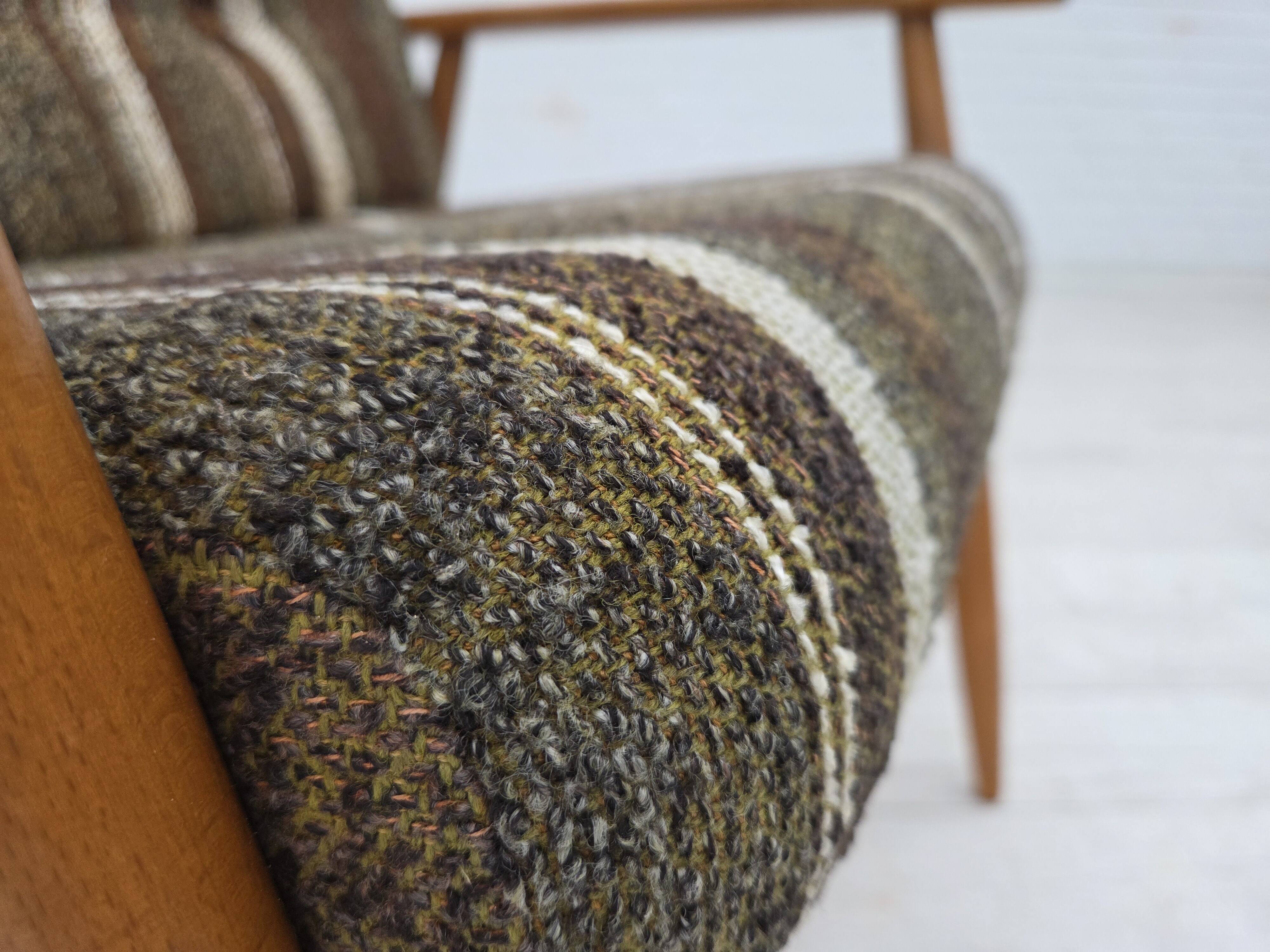1970s, Danish armchair, beech wood, furniture wool fabric.
