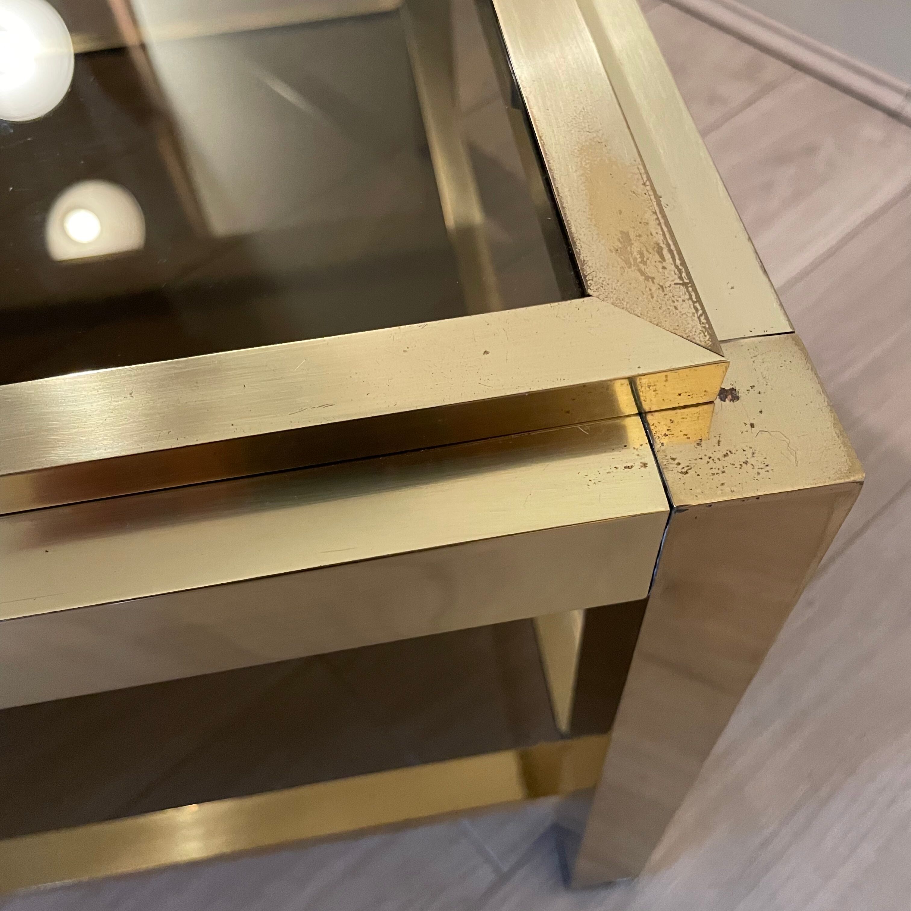 Brass coffee table, double trays in smoked glass, 1970