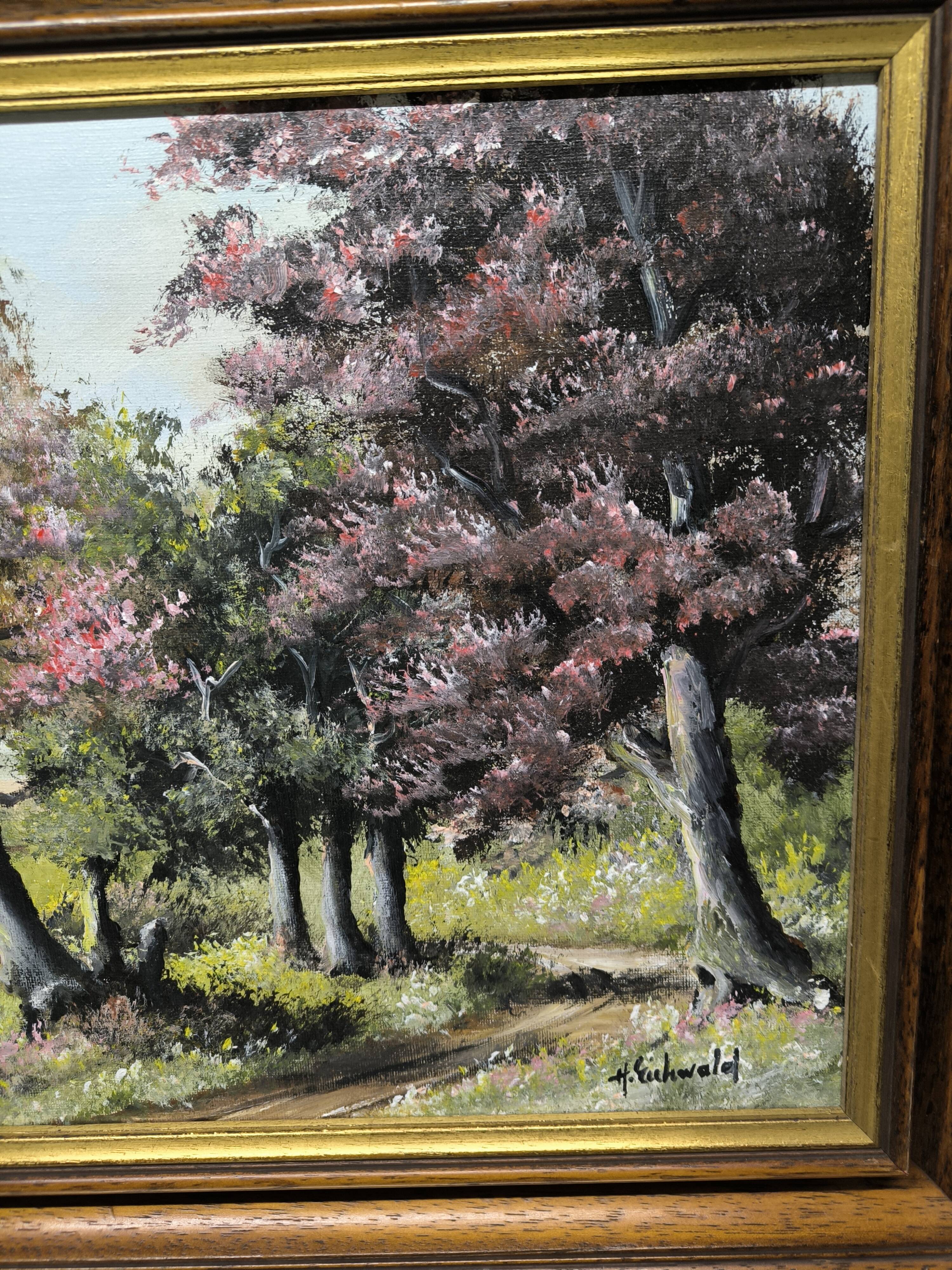 Landscape painting of flowering trees, Huguette Eichwald