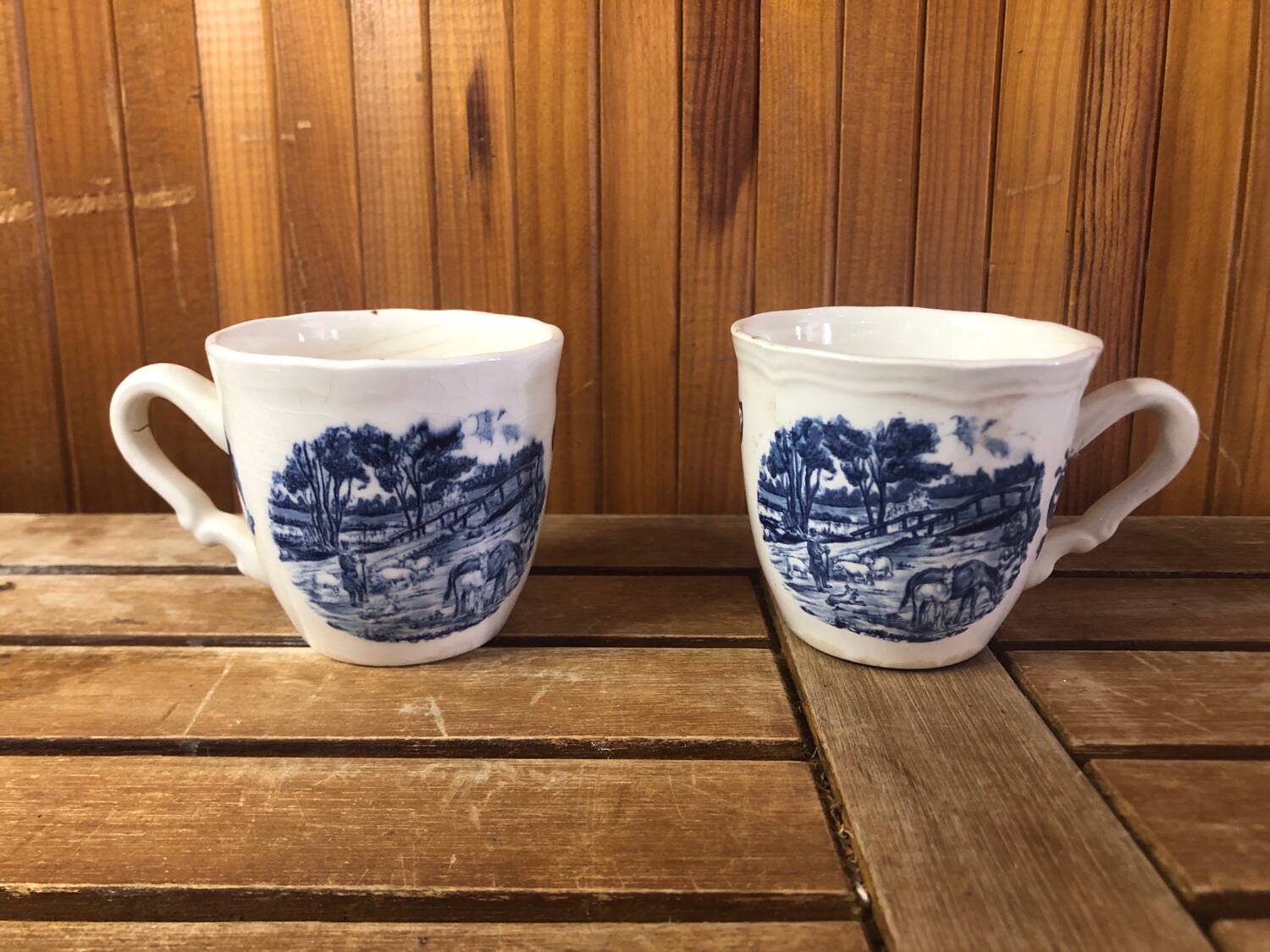 Series of 6 sarreguemines cups white ceramic blue decor france vintage #a385