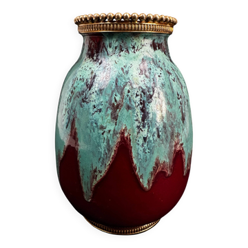 Vase CAB (Céramique d’Art de Bordeaux), glaçure vert turquoise et rouge