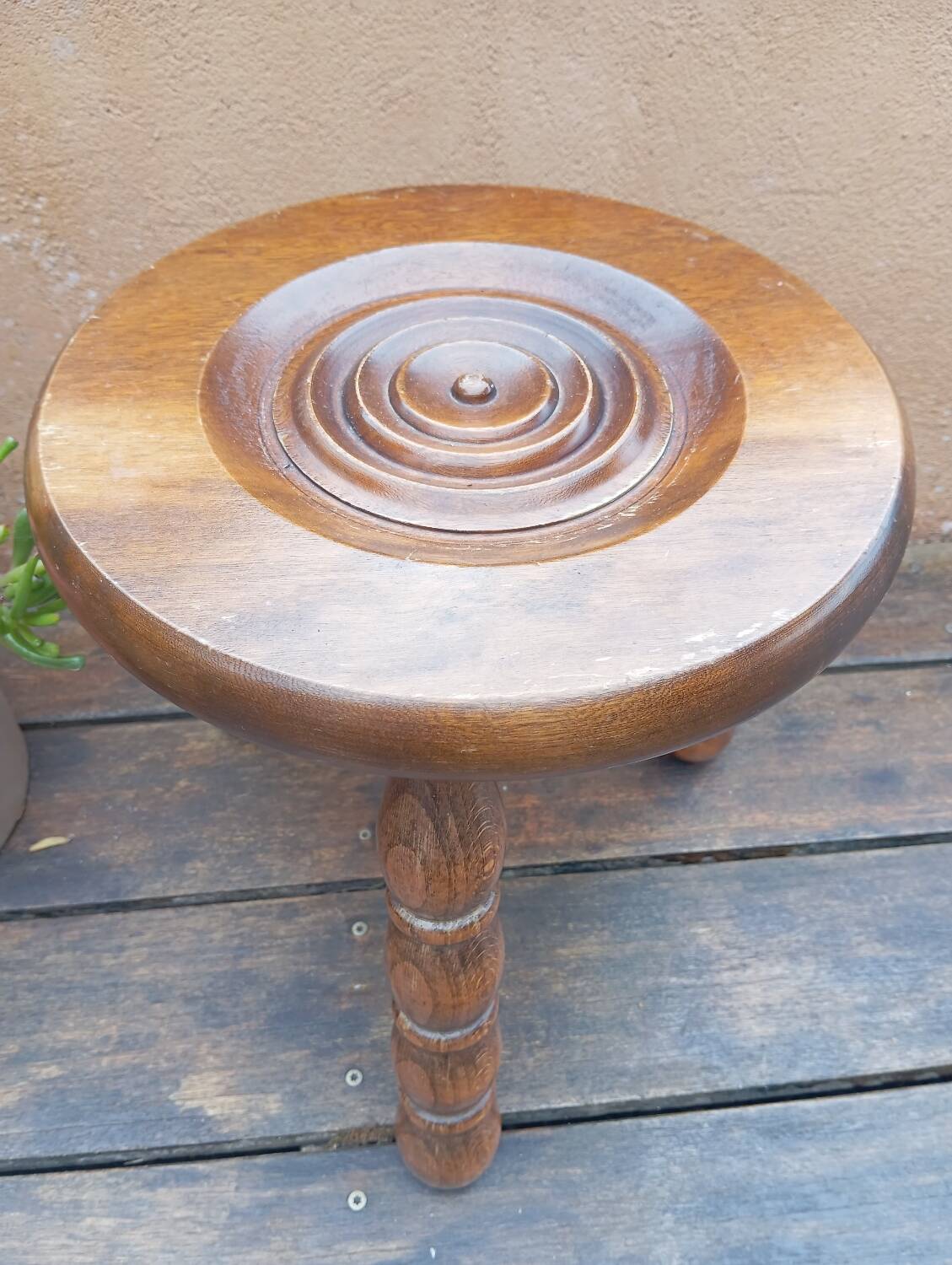 Brutalist tripod wooden stool in Charles Duduyt style.50/60